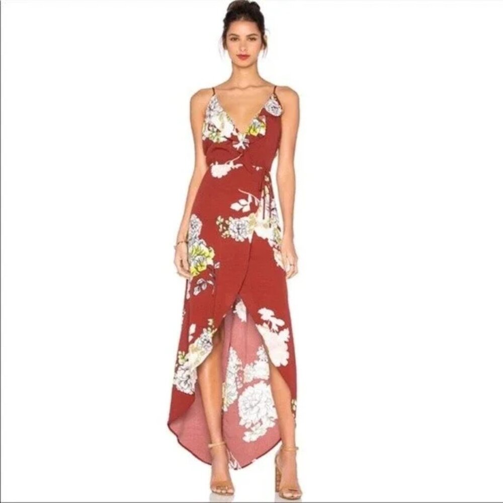 ASTR the Label Lucia Dress Rust Multi Floral Maxi Ruffle High Low Midi Hem - Picture 3 of 5